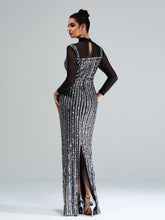 Stand Collar Sequin Panel Long Sleeve Prom Dress